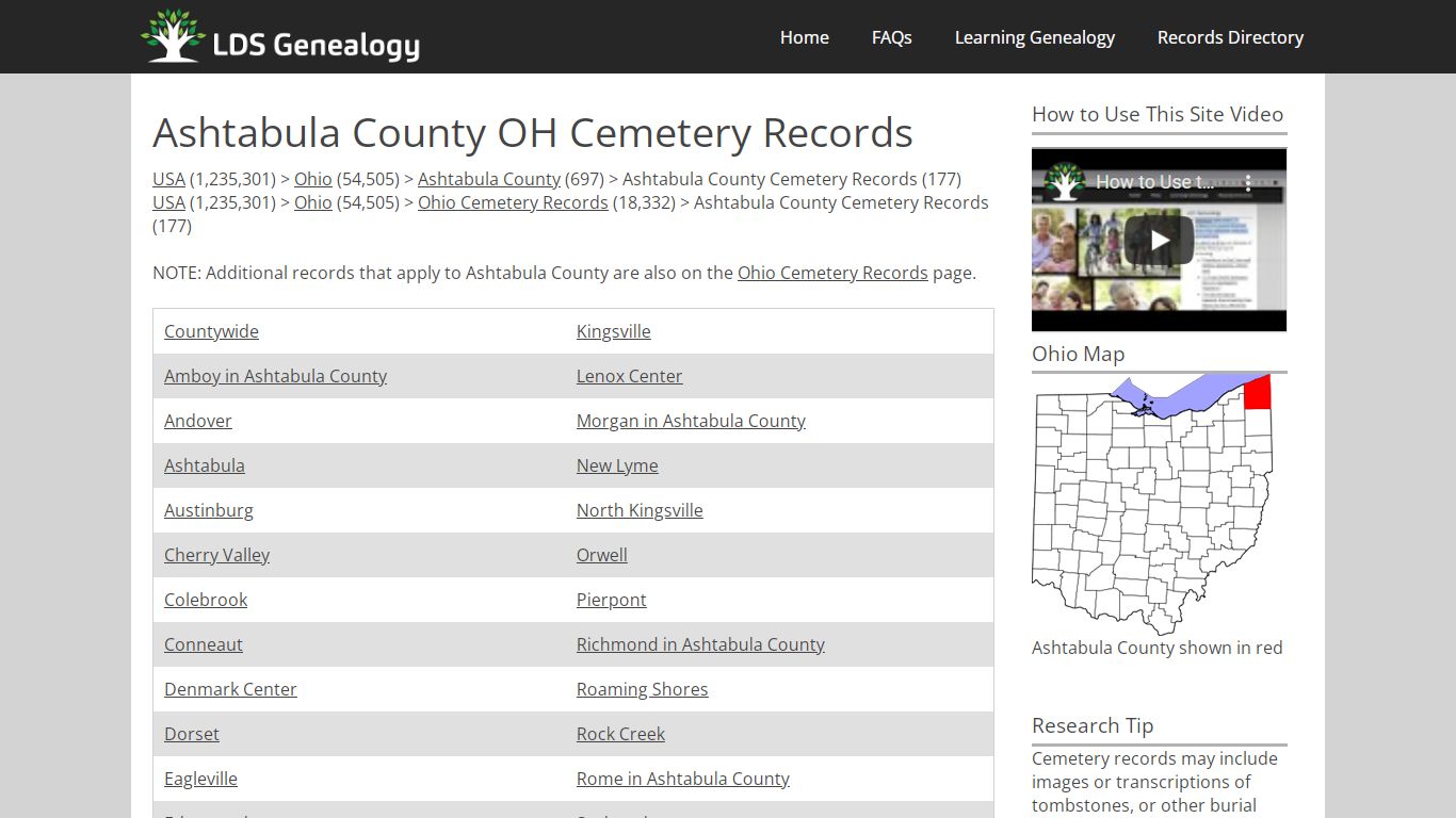 Ashtabula County OH Cemetery Records - LDS Genealogy